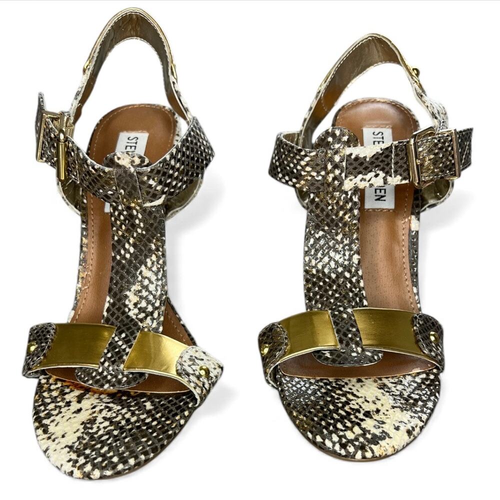 Steve Madden Snake print & Gold T-Strap Dress Sandals baddie sexy Reya Natural - Picture 3 of 6